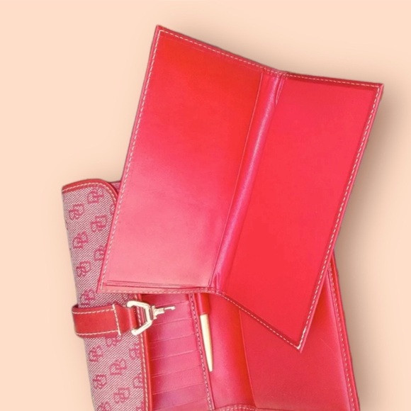 Dooney & Bourke Red Leather Zip Long Wallet -Red and Pink canvas signature - Picture 6 of 8